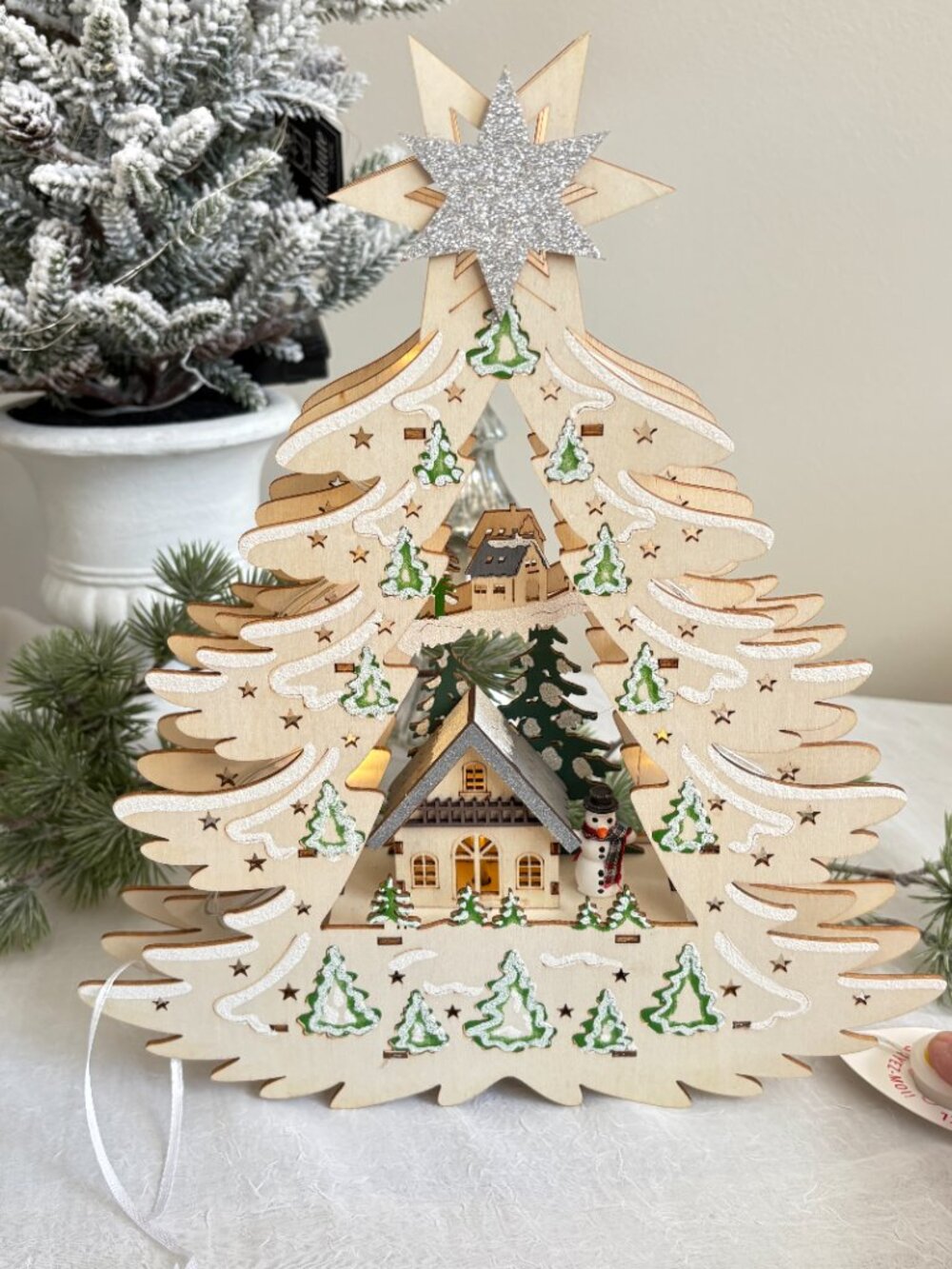 Martha Stewart Laser Cut Wood Christmas Tree Village Scene LED Snowman New 11.5"